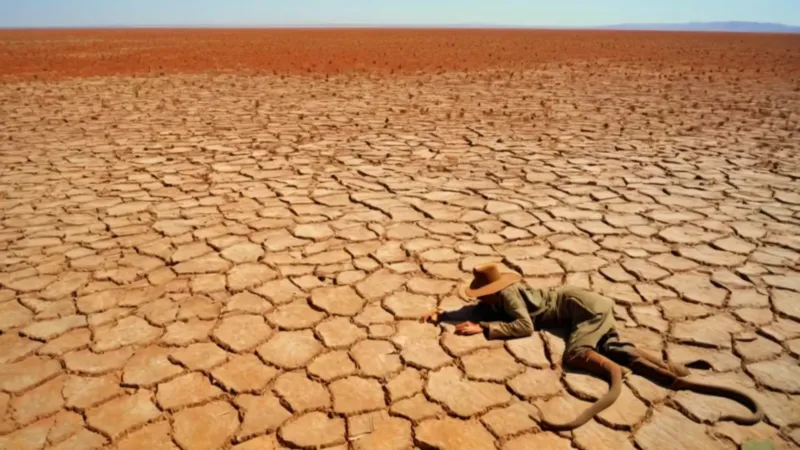 Hombre y serpiente en la llanura árida