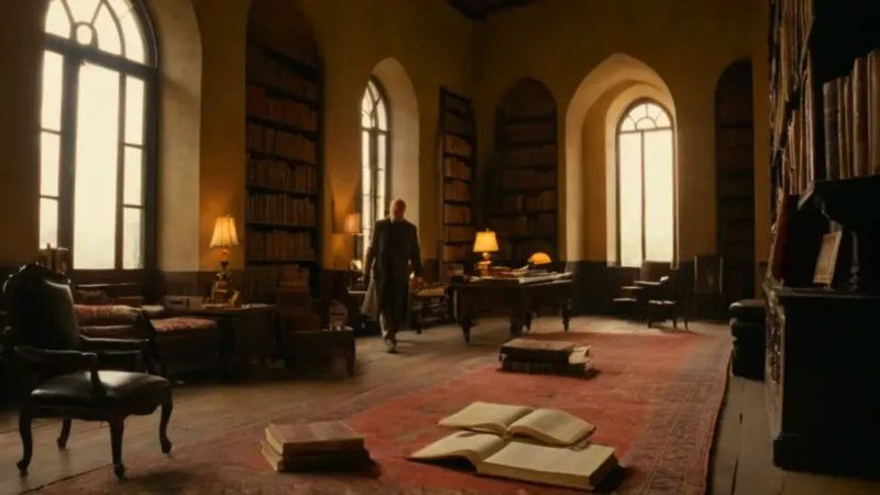 Hombre estudia en la quieta biblioteca