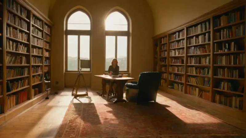 Estudio soleado lleno de libros