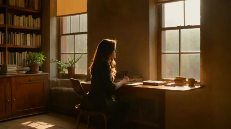 Mujer en un estudio ba&ntilde;ado de sol