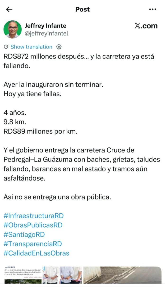 Fallas en carretera inaugurada en Santiago