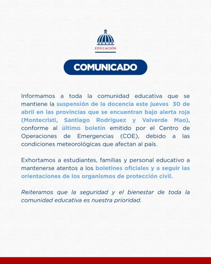 Suspensión de clases por alerta roja.